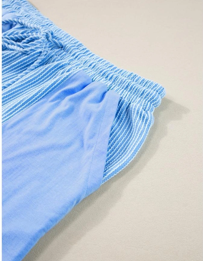 Light Blue Plus Size Ribbed Long Sleeve Top and Drawstring Shorts Set