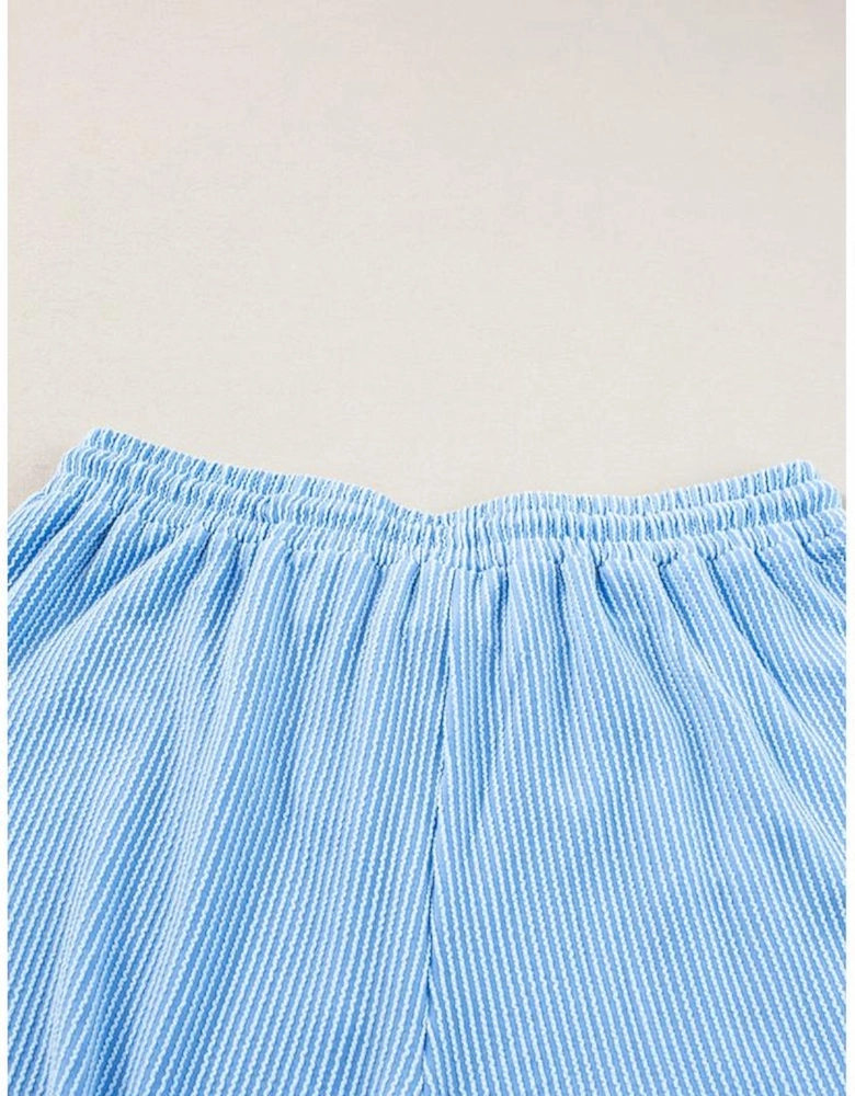 Light Blue Plus Size Ribbed Long Sleeve Top and Drawstring Shorts Set