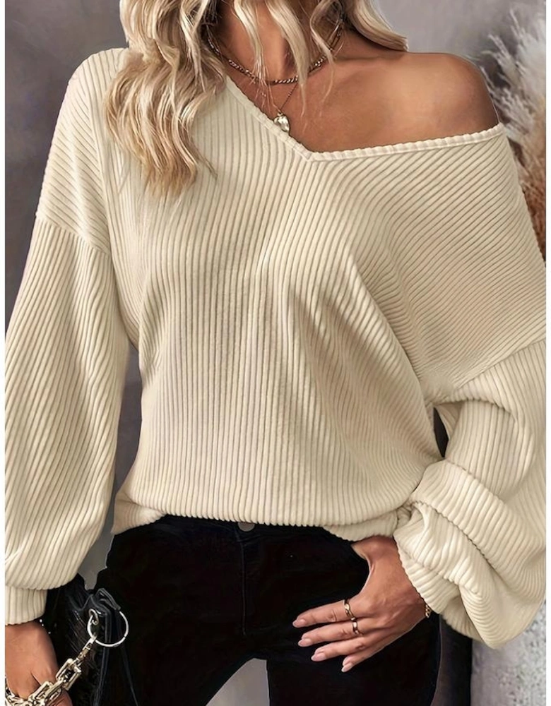 White Knot Back Drop Shoulder Ribbed Long Sleeve Blouse