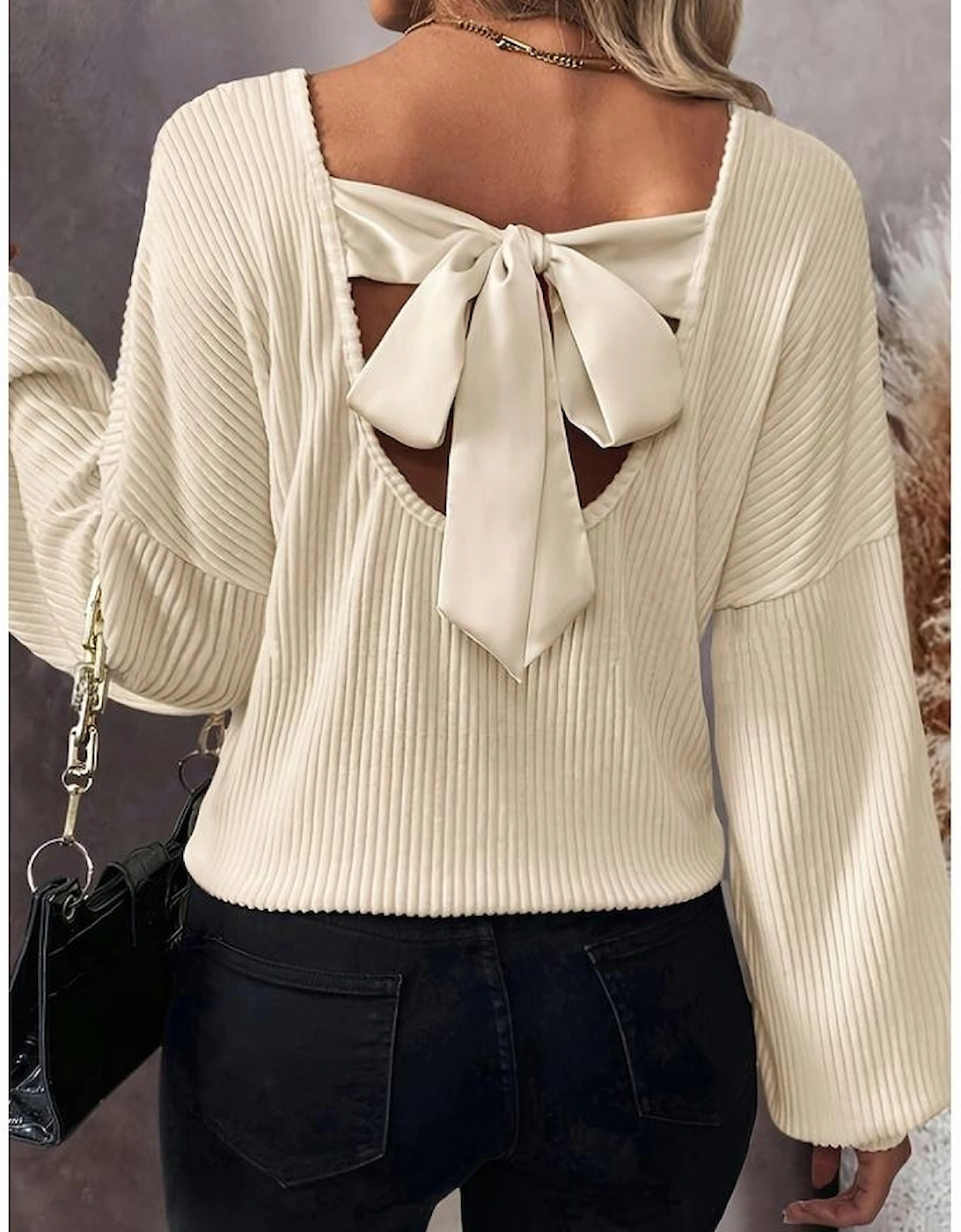 White Knot Back Drop Shoulder Ribbed Long Sleeve Blouse, 6 of 5