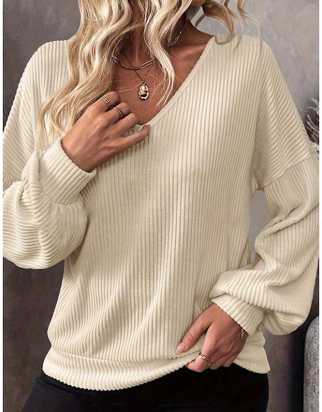 White Knot Back Drop Shoulder Ribbed Long Sleeve Blouse