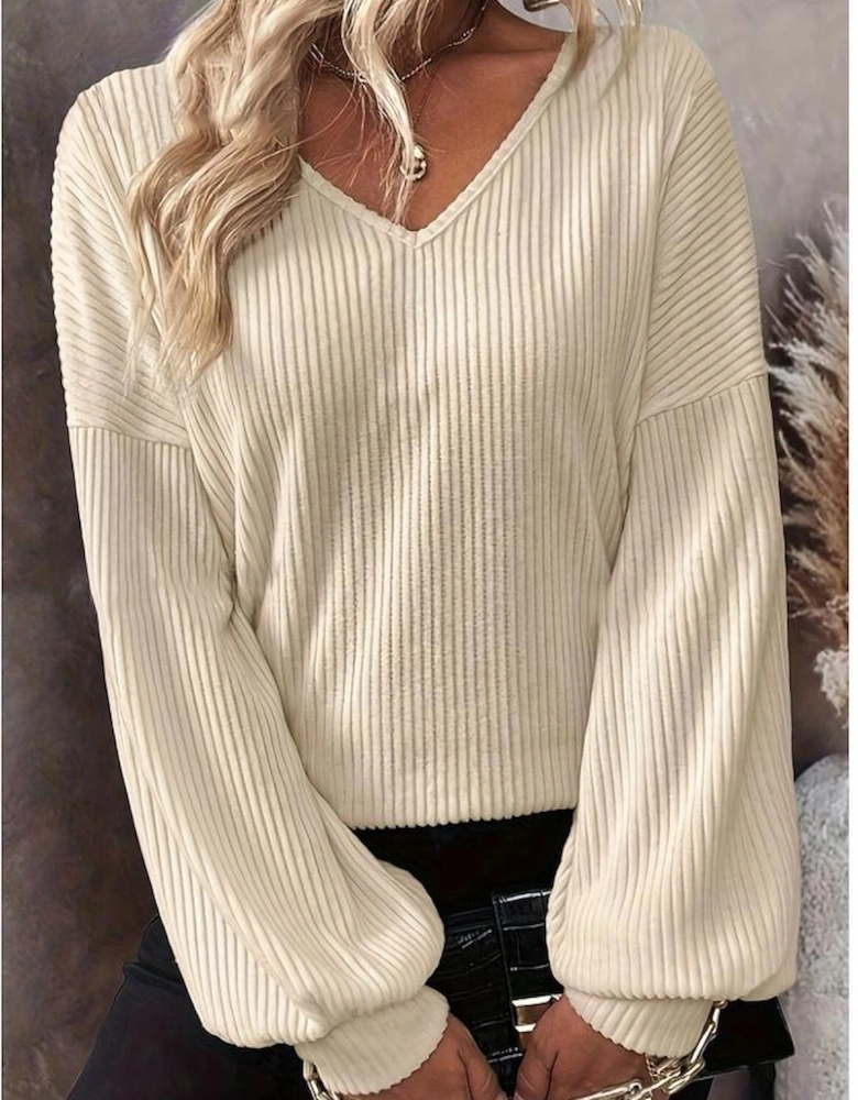 White Knot Back Drop Shoulder Ribbed Long Sleeve Blouse