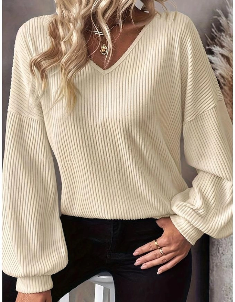 White Knot Back Drop Shoulder Ribbed Long Sleeve Blouse