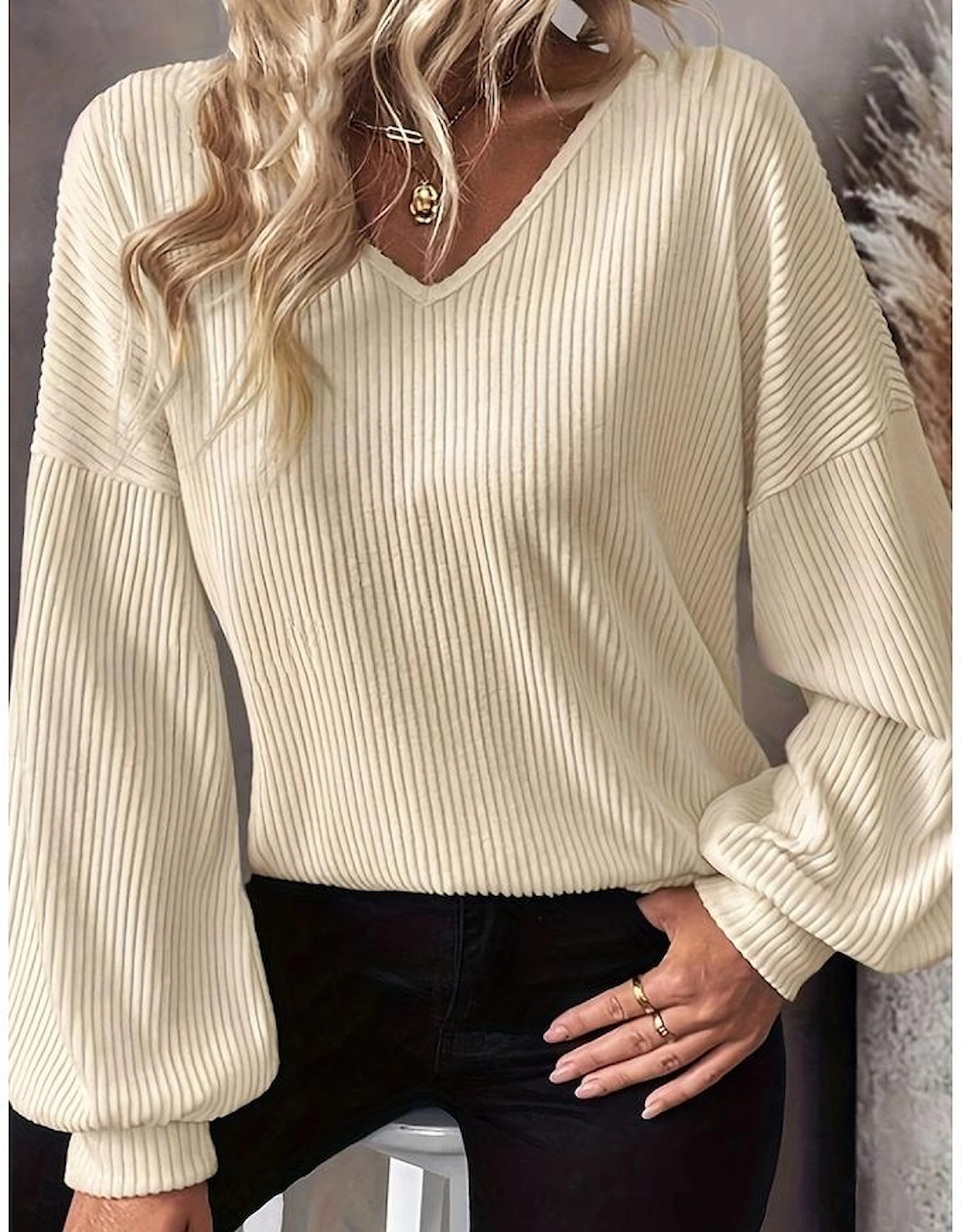 White Knot Back Drop Shoulder Ribbed Long Sleeve Blouse
