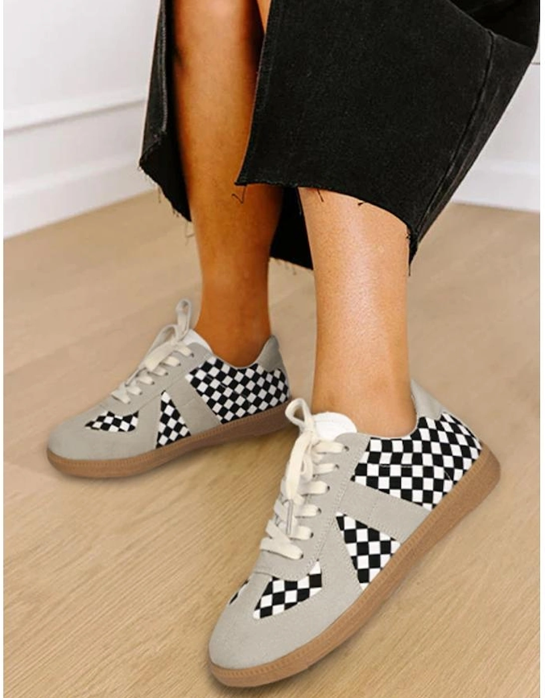 Black Checkerboard Patchwork Lace-up Flat Leatherette Shoes