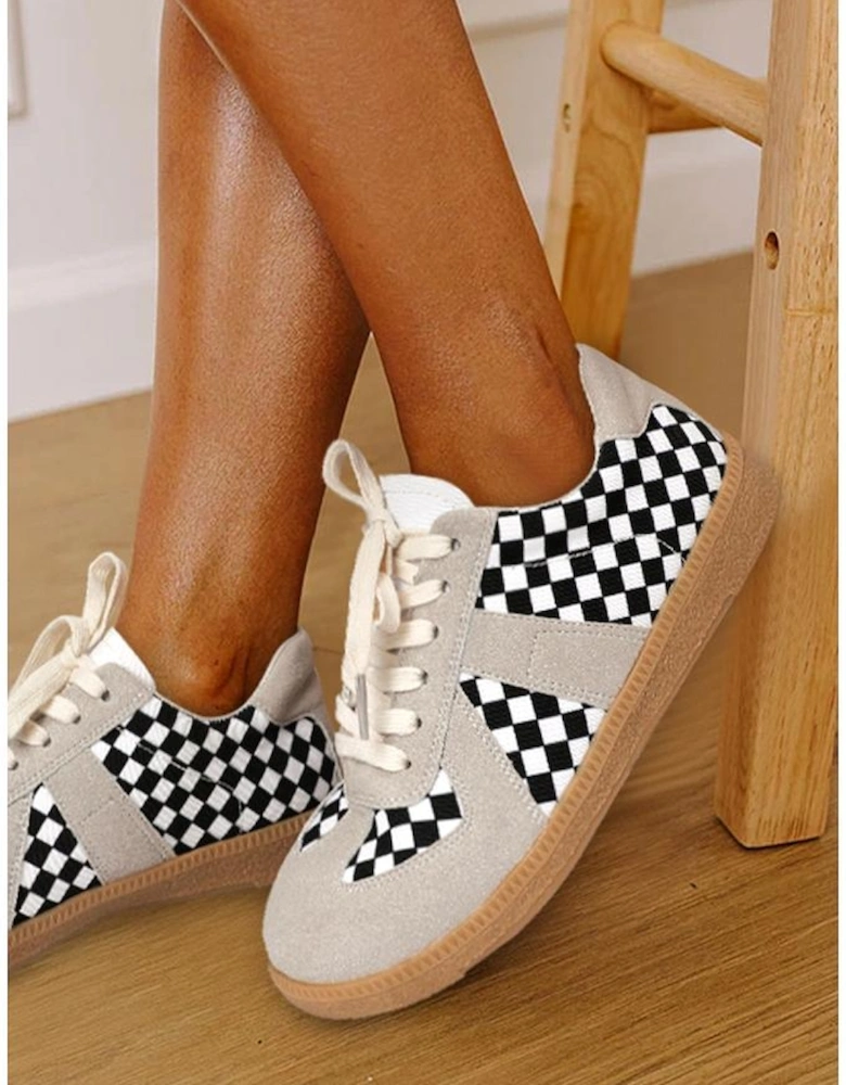 Black Checkerboard Patchwork Lace-up Flat Leatherette Shoes