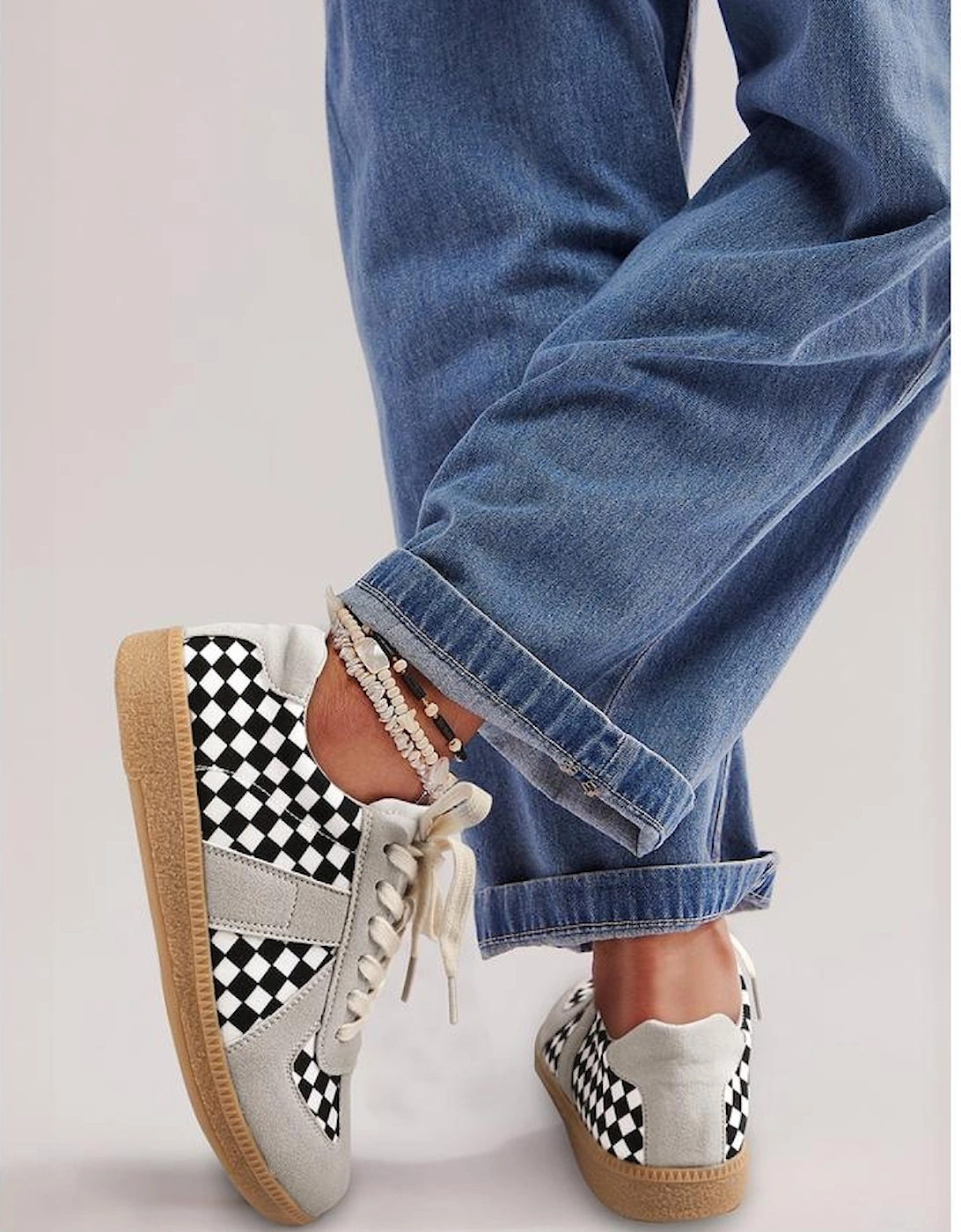 Black Checkerboard Patchwork Lace-up Flat Leatherette Shoes