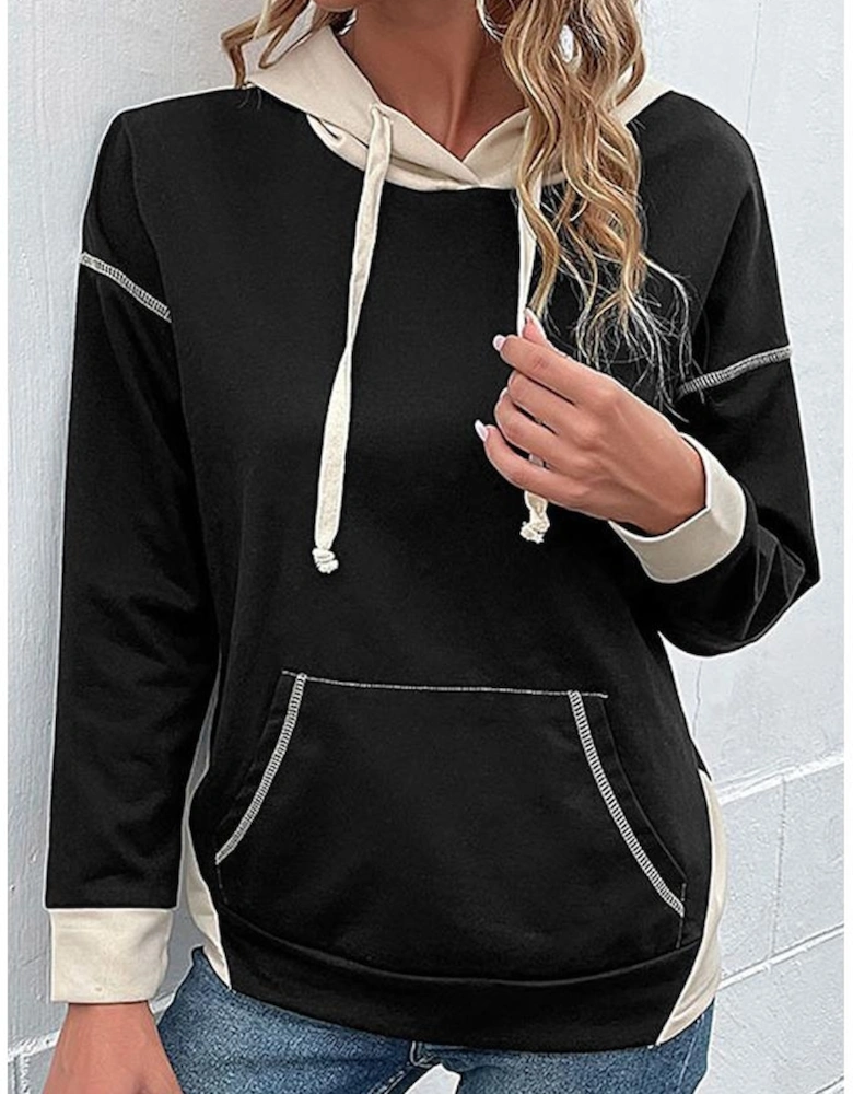 Black Contrast Seam Color Block Hooded Sweatshirt