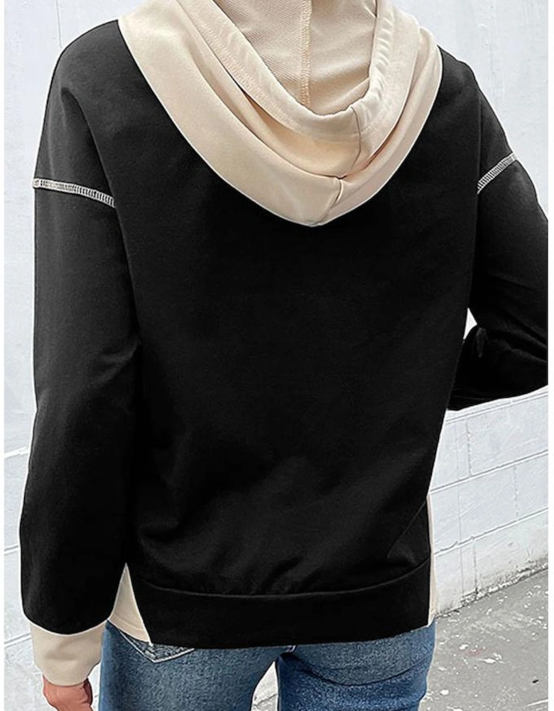 Black Contrast Seam Color Block Hooded Sweatshirt