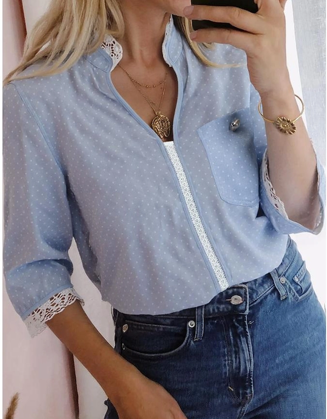 Beau Blue Lace Trim Patchwork Dotted Print Collared Denim Blouse