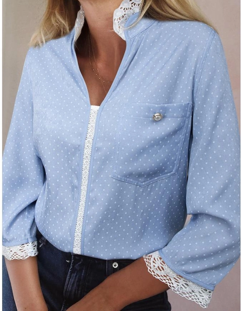 Beau Blue Lace Trim Patchwork Dotted Print Collared Denim Blouse