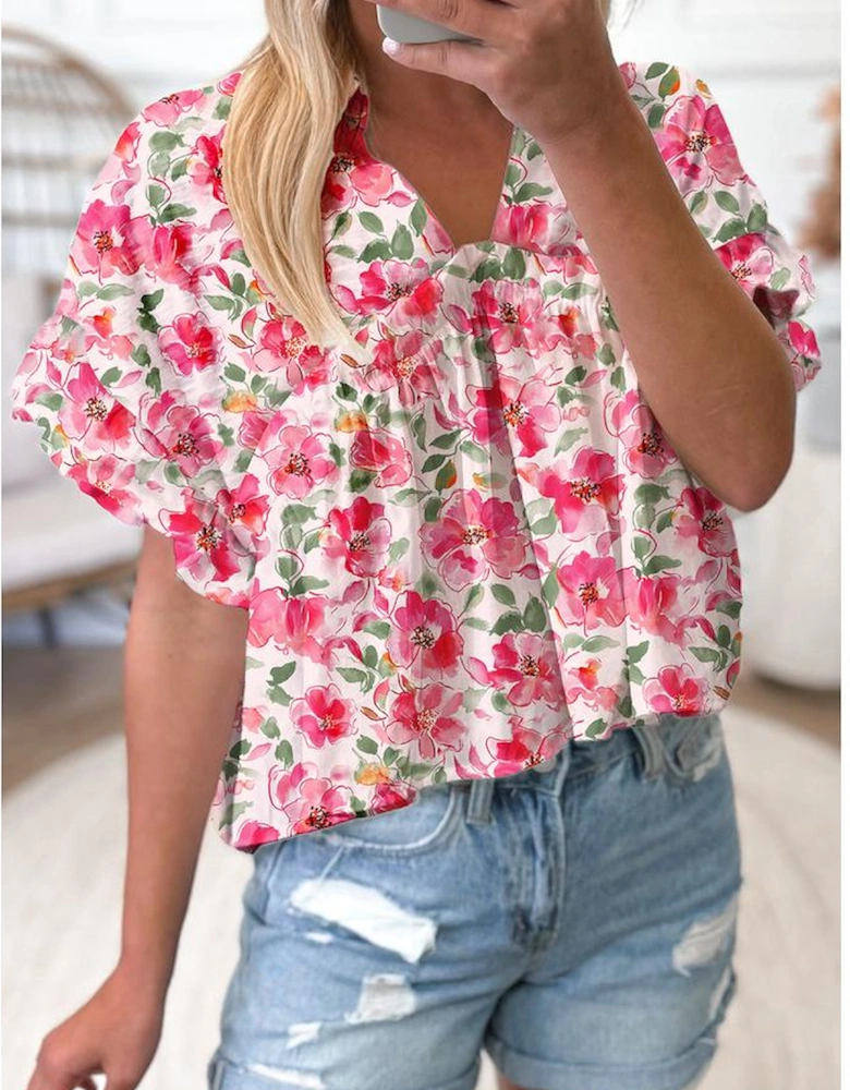 Pink Floral Boxy Fit Ruffled Short Sleeve V Neck Blouse