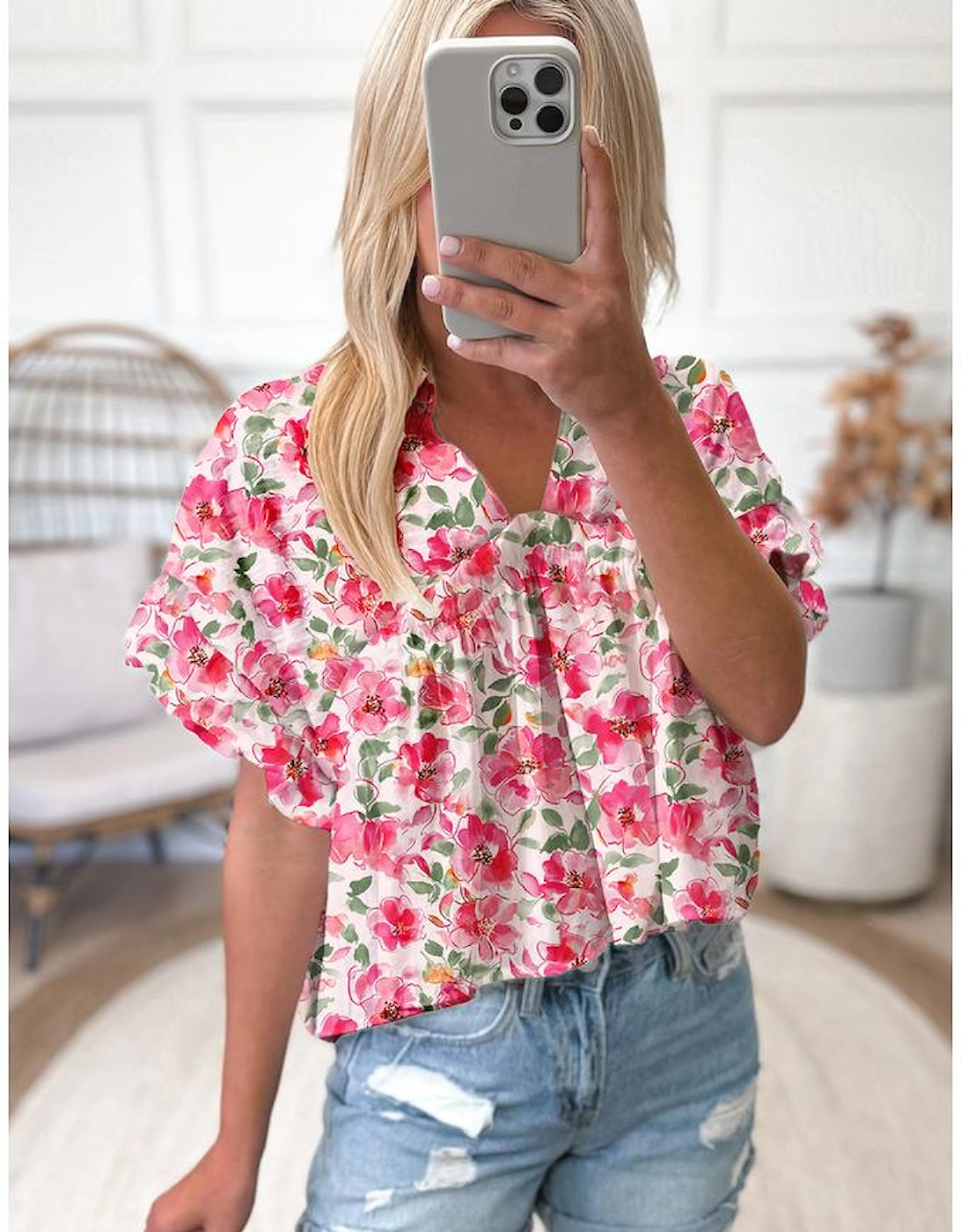 Pink Floral Boxy Fit Ruffled Short Sleeve V Neck Blouse