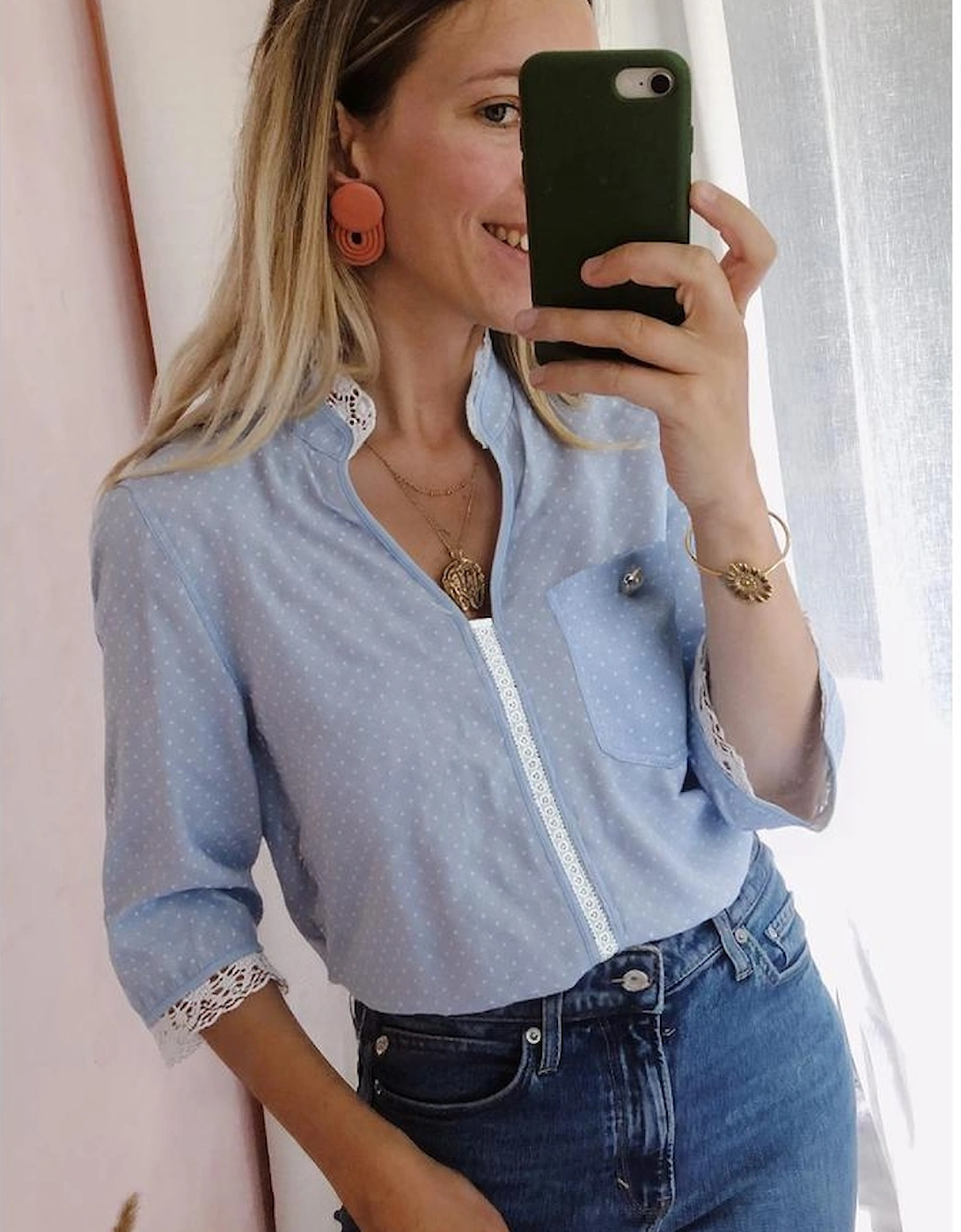 Beau Blue Lace Trim Patchwork Dotted Print Collared Denim Blouse