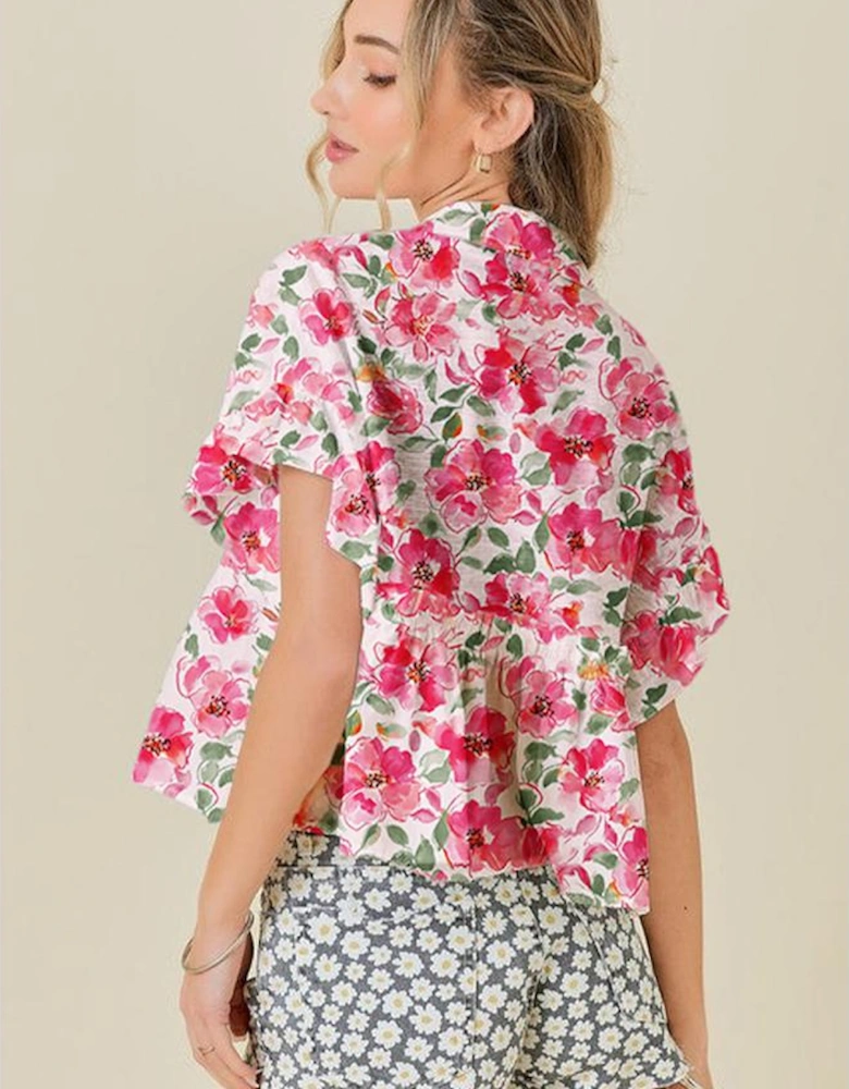 Pink Floral Boxy Fit Ruffled Short Sleeve V Neck Blouse