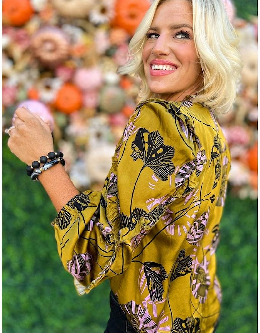 Yellow Vintage Floral V Neck Ruffle Trim Long Sleeve Blouse, 6 of 5