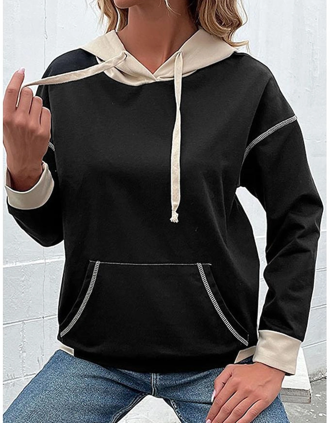 Black Contrast Seam Color Block Hooded Sweatshirt