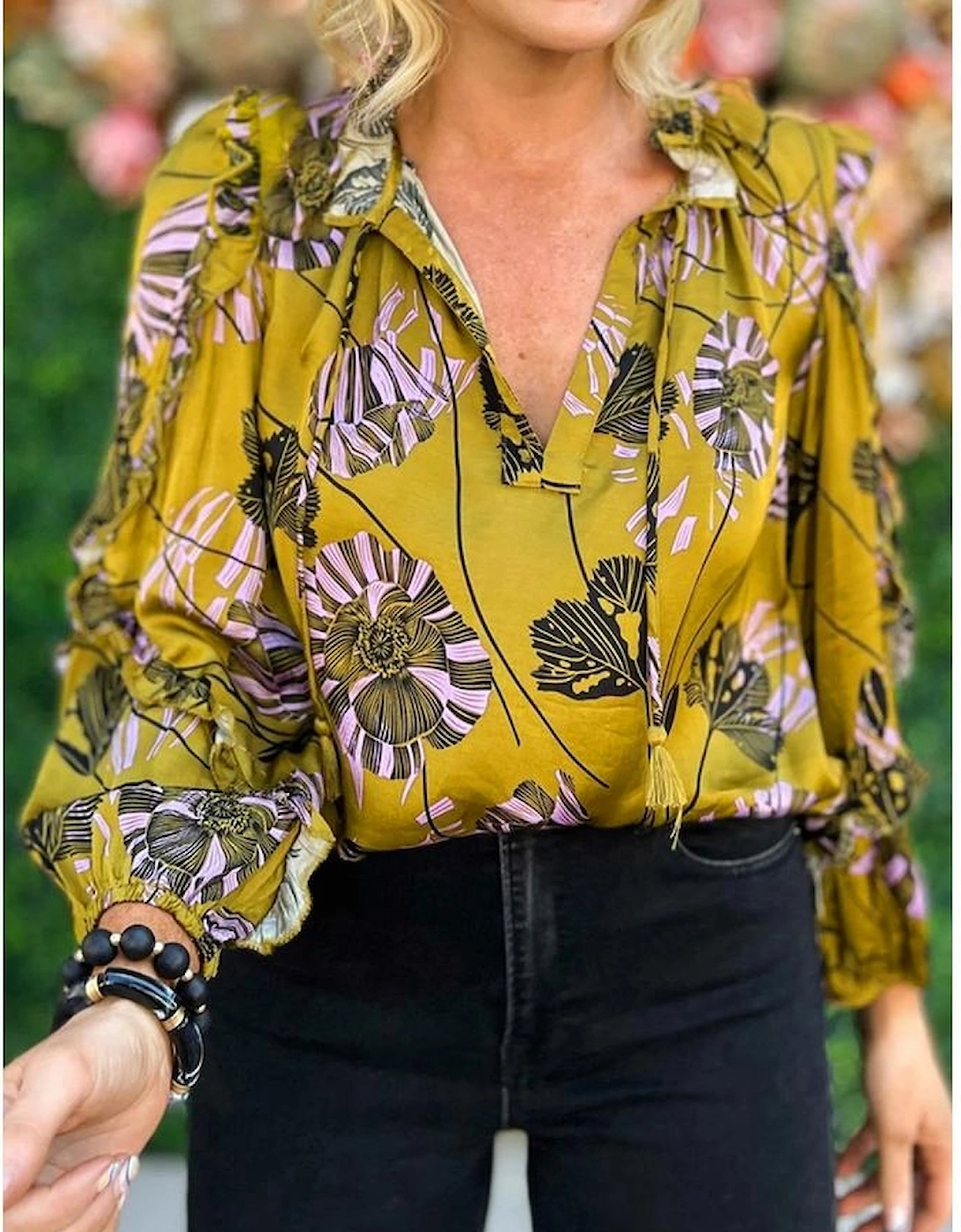 Yellow Vintage Floral V Neck Ruffle Trim Long Sleeve Blouse