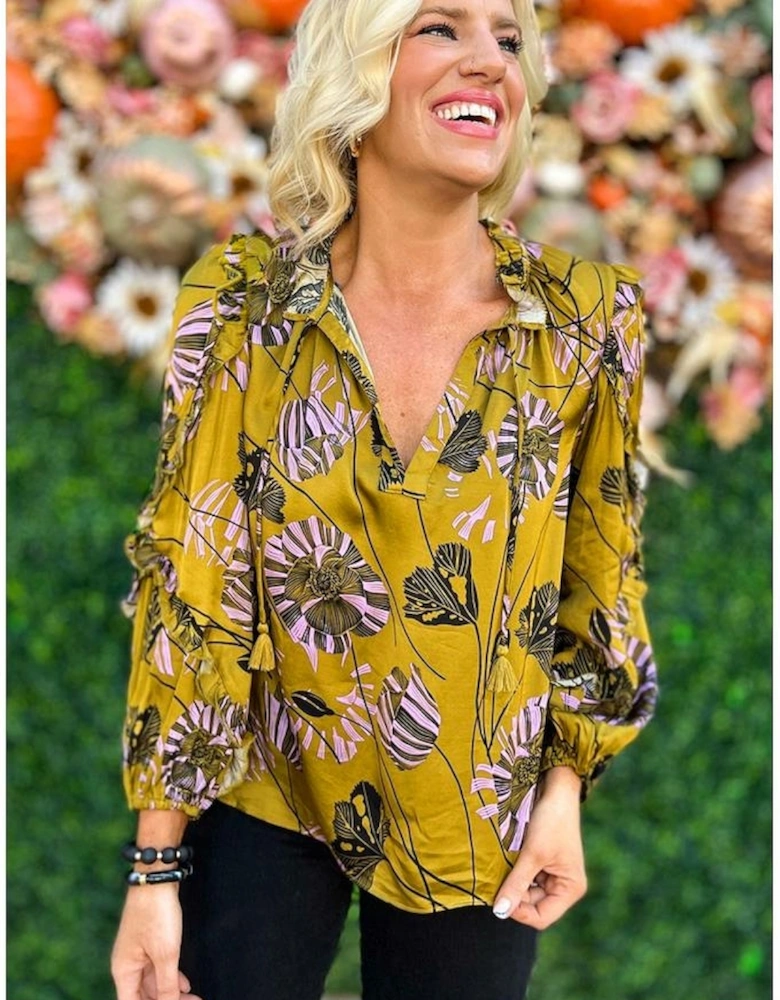 Yellow Vintage Floral V Neck Ruffle Trim Long Sleeve Blouse