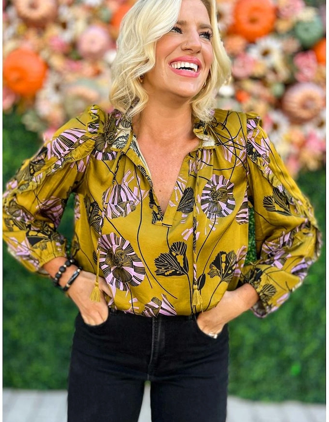 Yellow Vintage Floral V Neck Ruffle Trim Long Sleeve Blouse