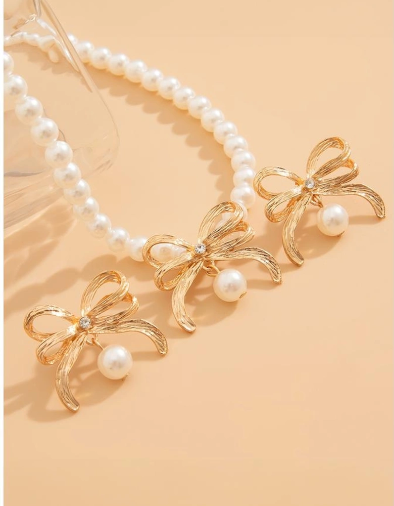 Gold Rhinestone Pearl Bow Decor Plated Necklace and Earrings Set