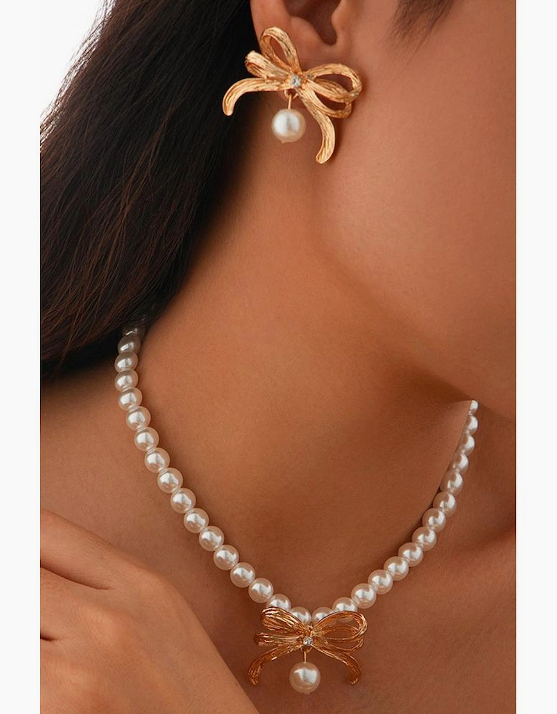 Gold Rhinestone Pearl Bow Decor Plated Necklace and Earrings Set, 8 of 7