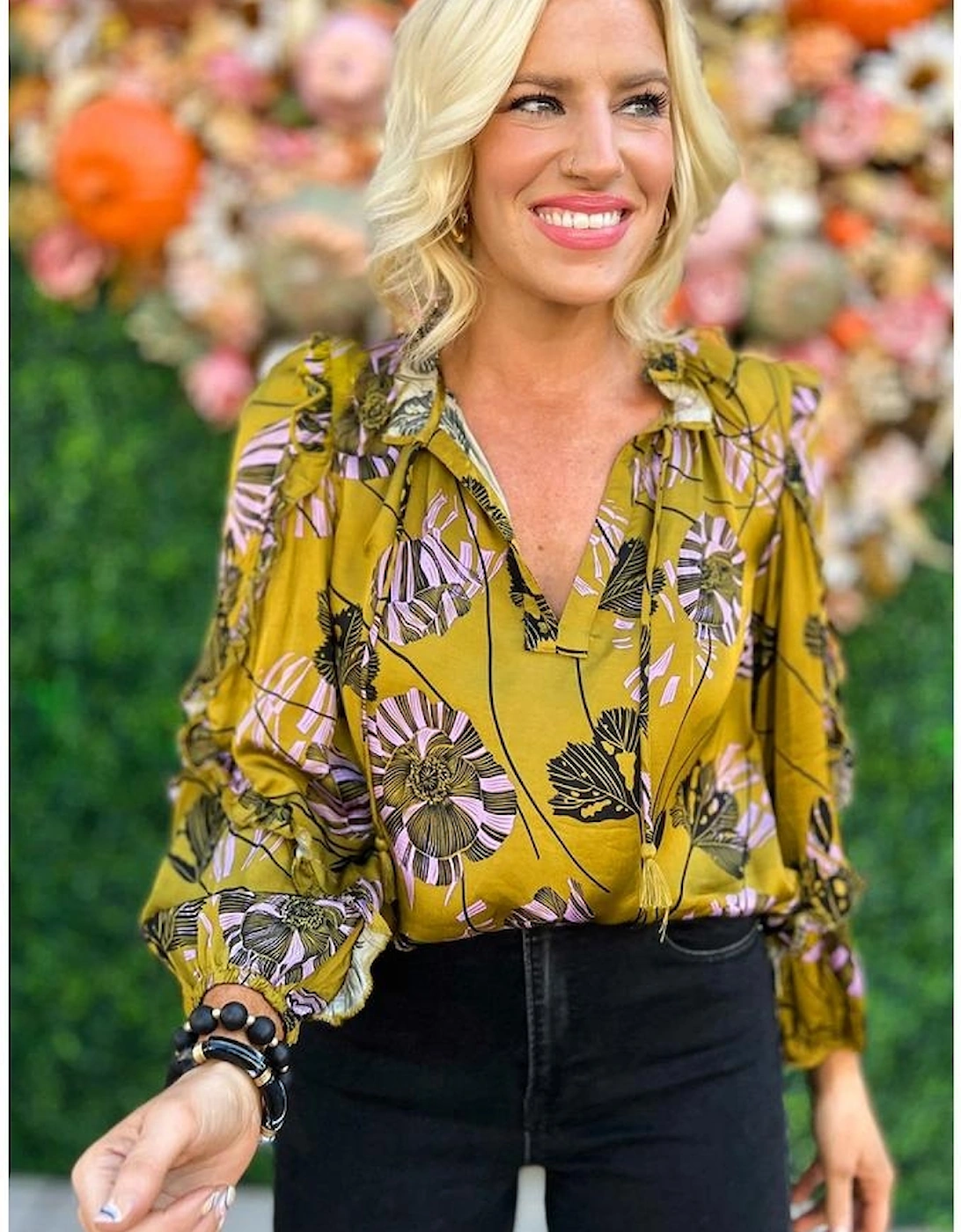 Yellow Vintage Floral V Neck Ruffle Trim Long Sleeve Blouse