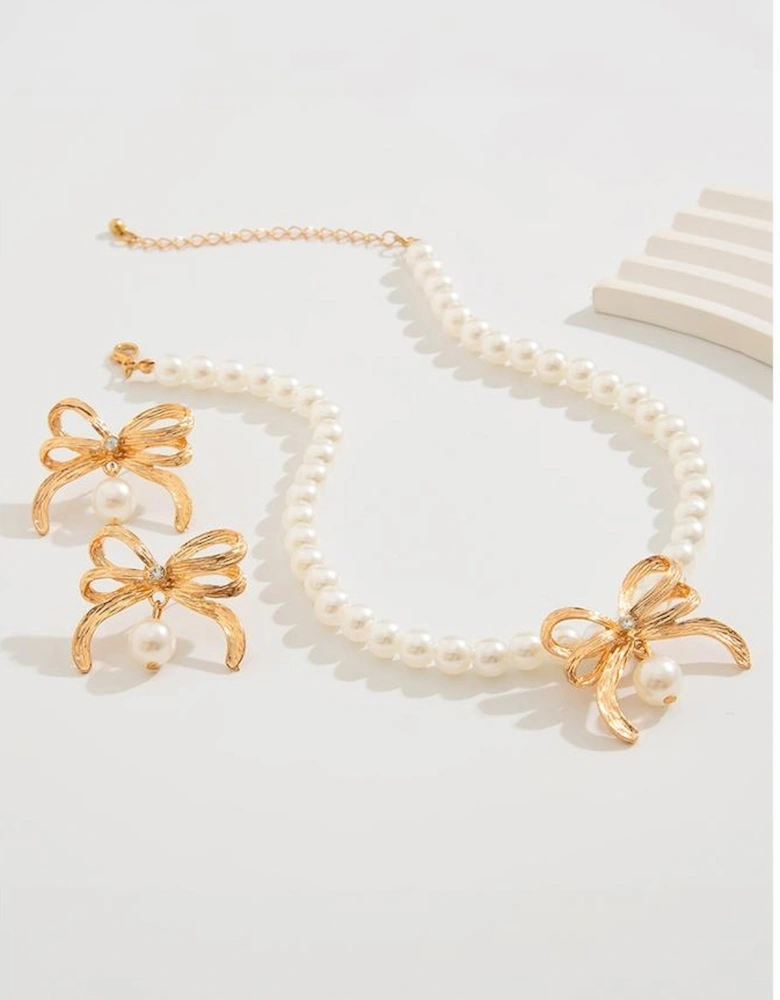 Gold Rhinestone Pearl Bow Decor Plated Necklace and Earrings Set