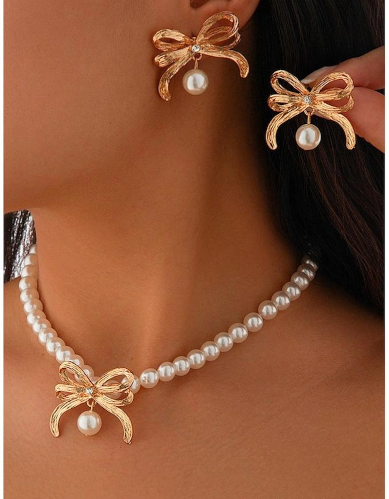 Gold Rhinestone Pearl Bow Decor Plated Necklace and Earrings Set