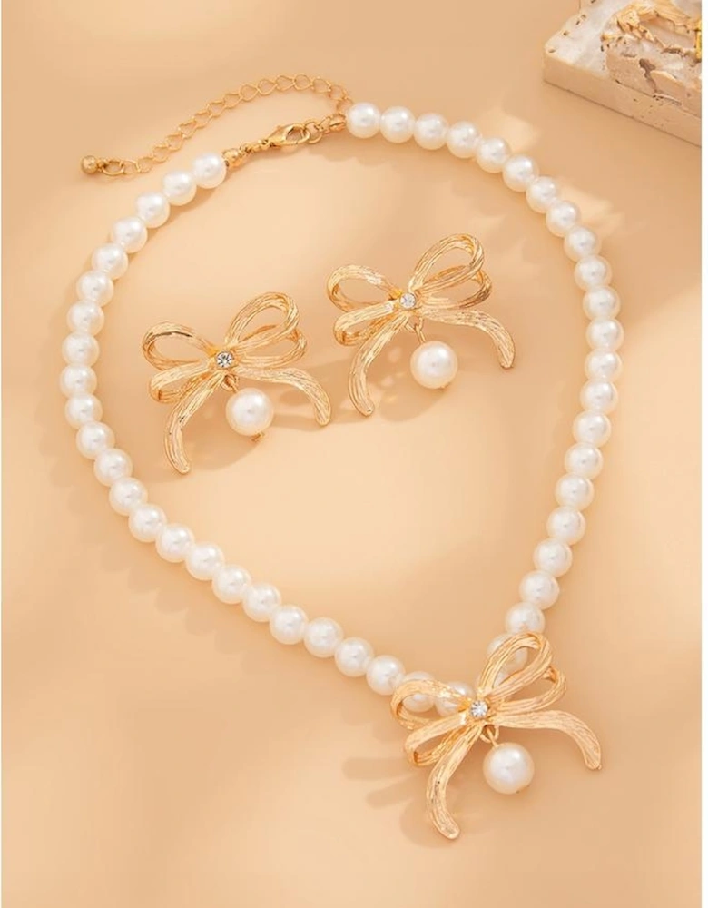 Gold Rhinestone Pearl Bow Decor Plated Necklace and Earrings Set