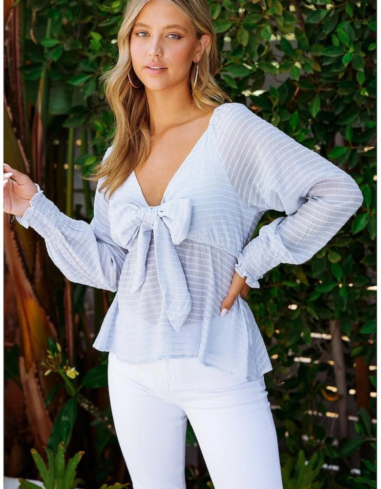 Azura Exchange Sky Blue Textured Tie Front Peplum Blouse