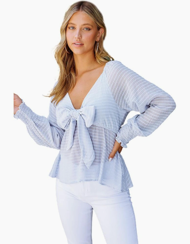 Azura Exchange Sky Blue Textured Tie Front Peplum Blouse