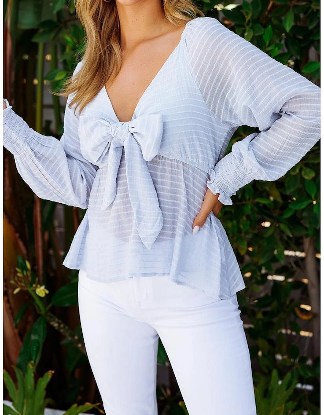 Azura Exchange Sky Blue Textured Tie Front Peplum Blouse