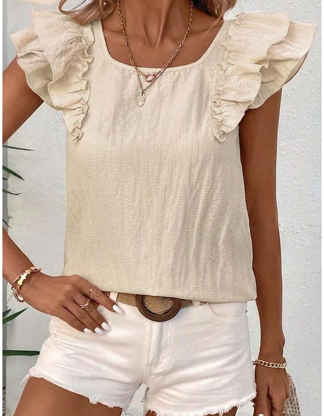 Beige Textured Bow Knot Frilled Butterfly Sleeve Blouse