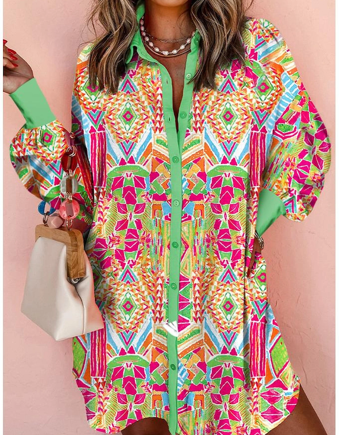 Orange Western Geometric Print Cuffed Shift Shirt Dress, 8 of 7