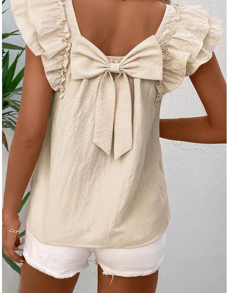 Beige Textured Bow Knot Frilled Butterfly Sleeve Blouse
