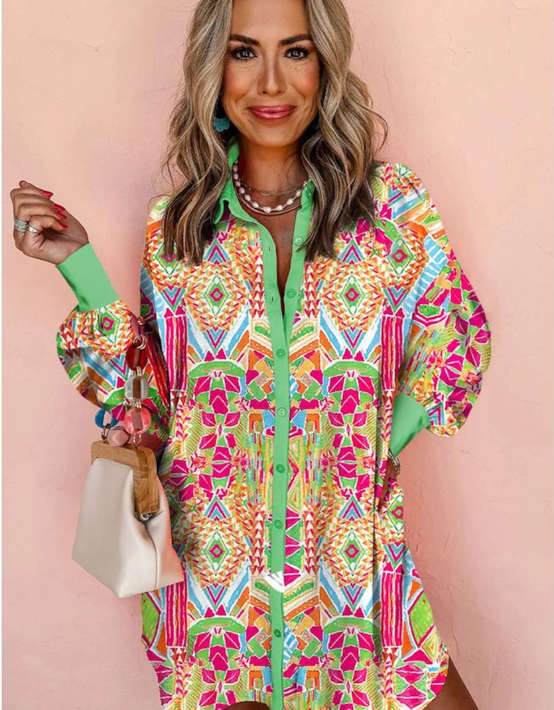 Orange Western Geometric Print Cuffed Shift Shirt Dress