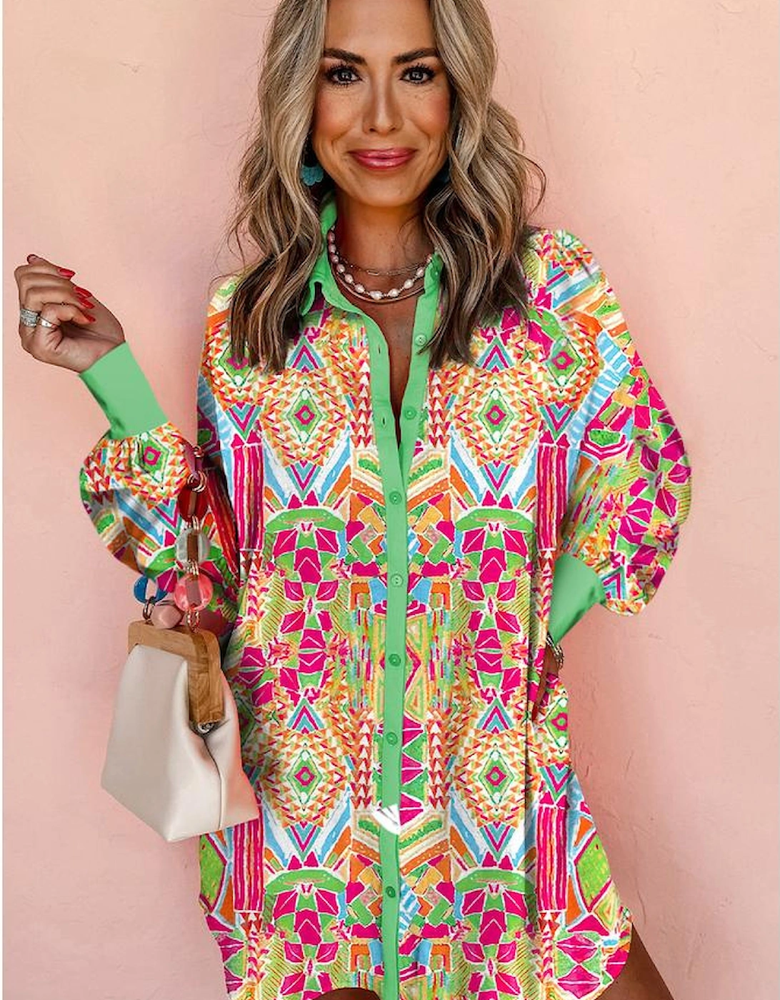 Orange Western Geometric Print Cuffed Shift Shirt Dress