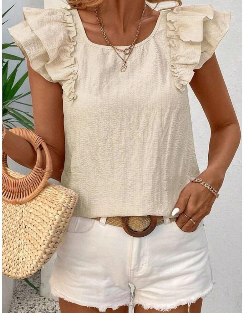 Beige Textured Bow Knot Frilled Butterfly Sleeve Blouse