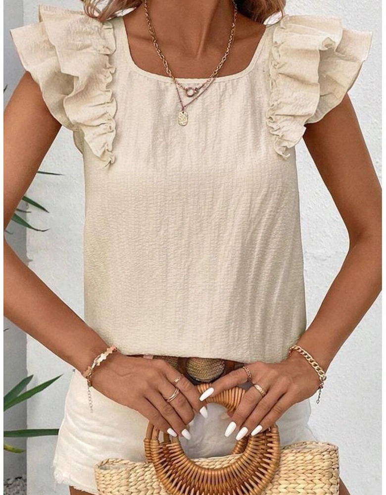 Beige Textured Bow Knot Frilled Butterfly Sleeve Blouse