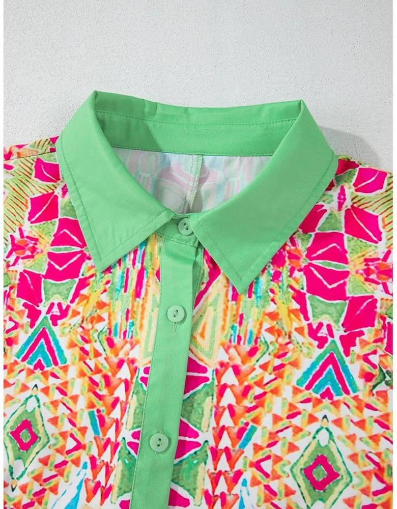 Orange Western Geometric Print Cuffed Shift Shirt Dress