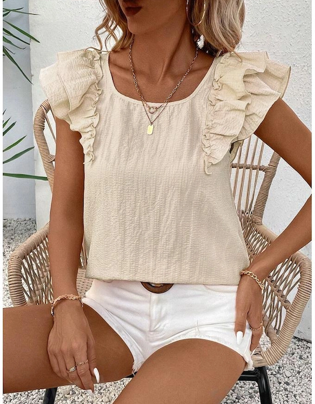 Beige Textured Bow Knot Frilled Butterfly Sleeve Blouse