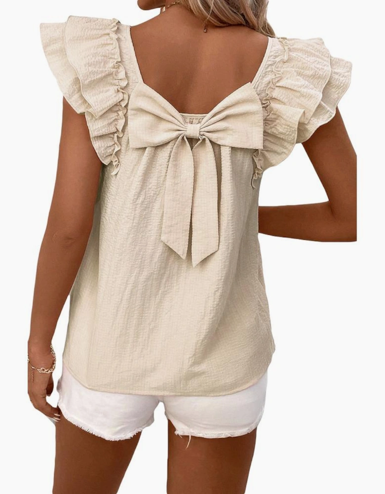 Beige Textured Bow Knot Frilled Butterfly Sleeve Blouse