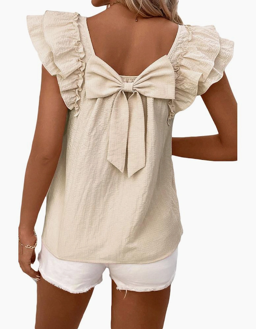 Beige Textured Bow Knot Frilled Butterfly Sleeve Blouse