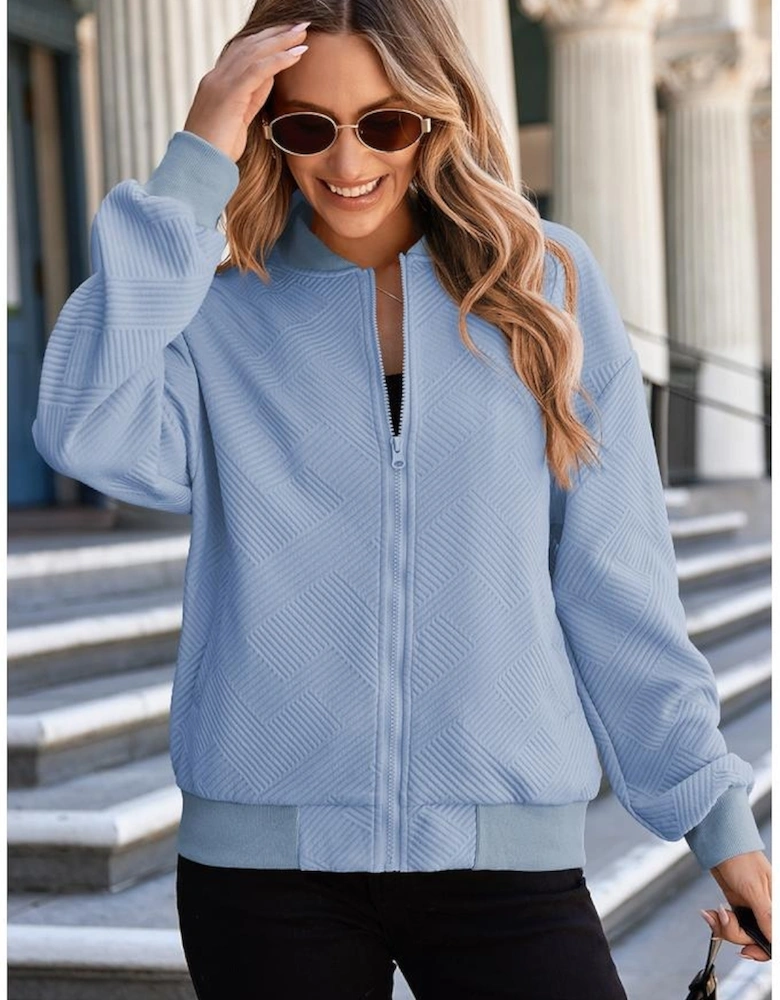 Myosotis Solid Textured Stand Neck Zipper Bomber Jacket