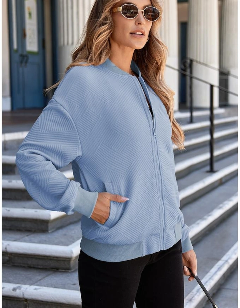 Myosotis Solid Textured Stand Neck Zipper Bomber Jacket