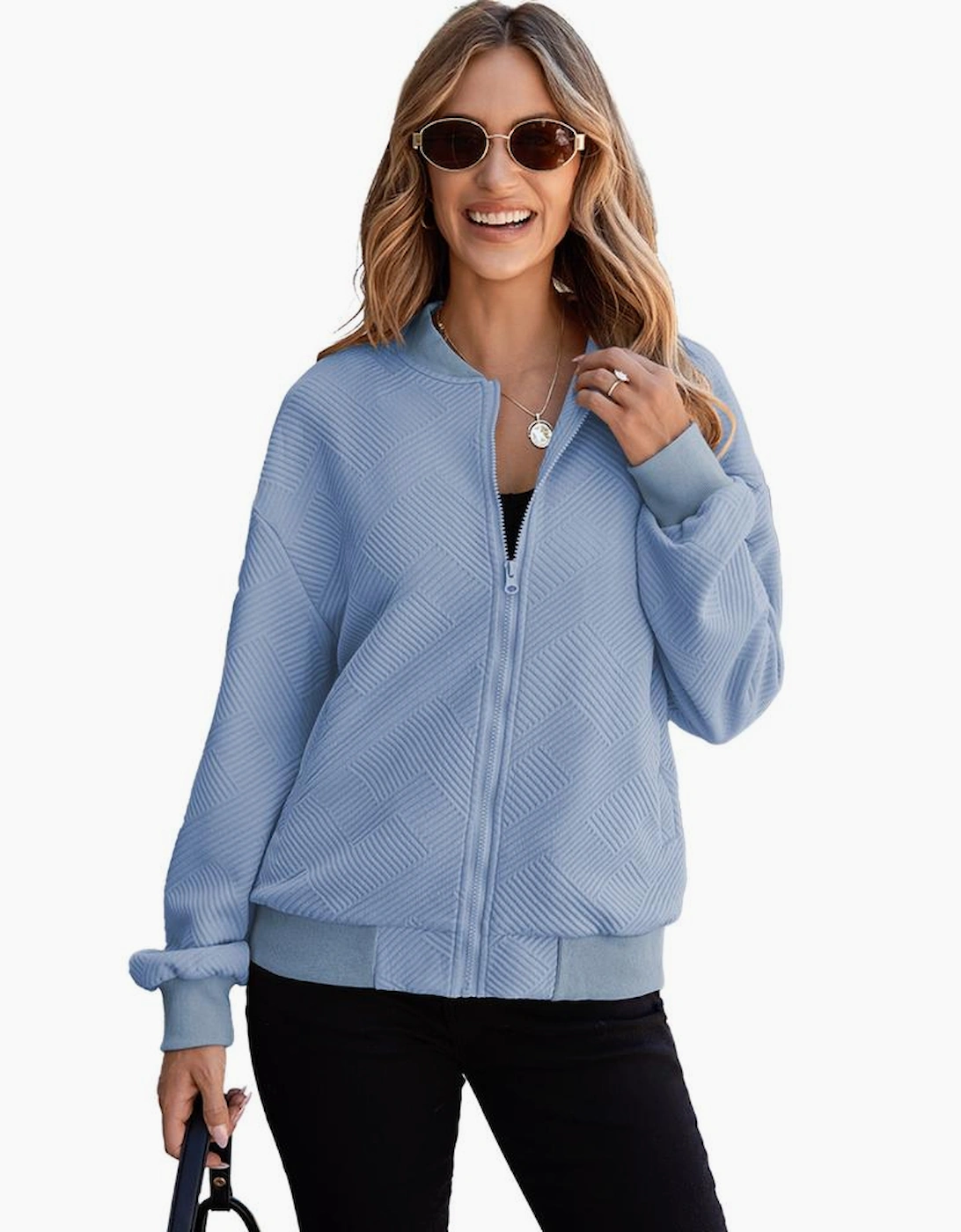 Myosotis Solid Textured Stand Neck Zipper Bomber Jacket