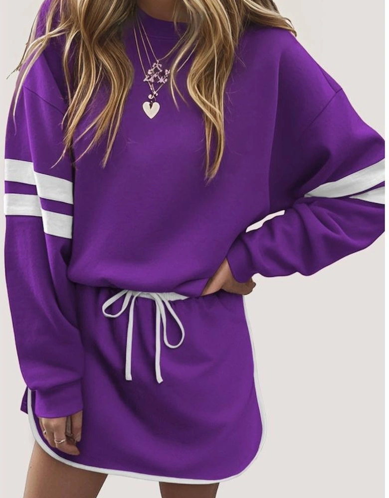 Tillandsia Purple Varsity Stripe Detail Drop Shoulder Pullover Mini Skirt Set