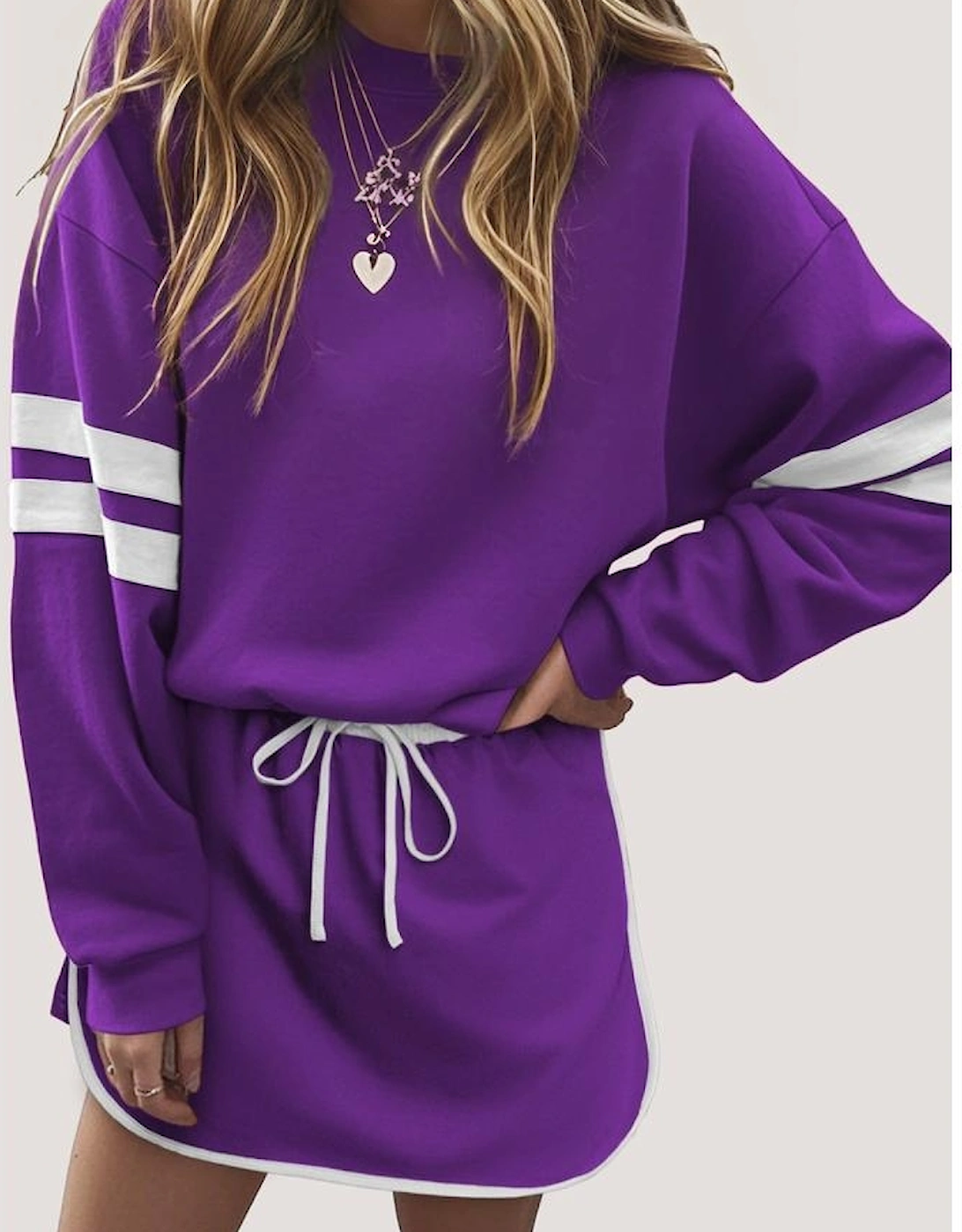 Tillandsia Purple Varsity Stripe Detail Drop Shoulder Pullover Mini Skirt Set, 2 of 1