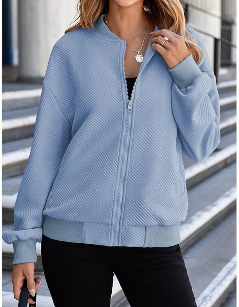 Myosotis Solid Textured Stand Neck Zipper Bomber Jacket